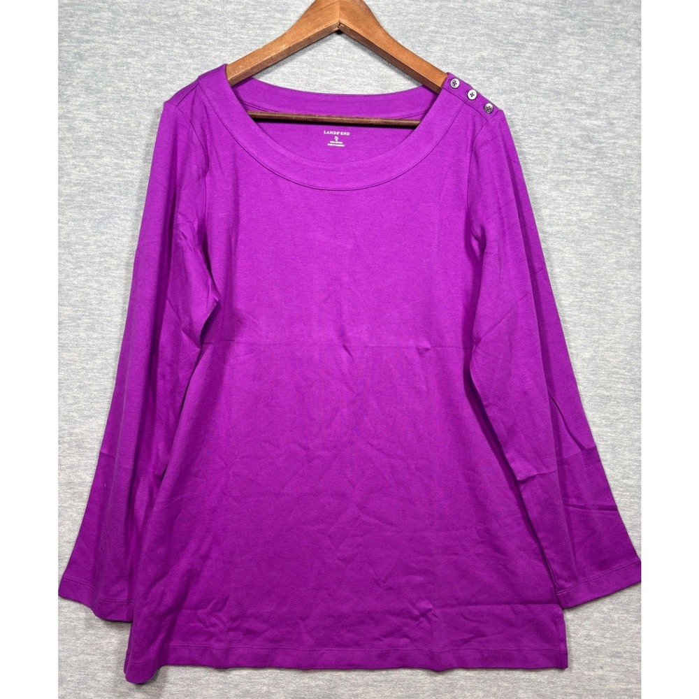 Lands End Womens XL Purple Cotton Long Sleeve Button Shoulder Scoop Neck Top